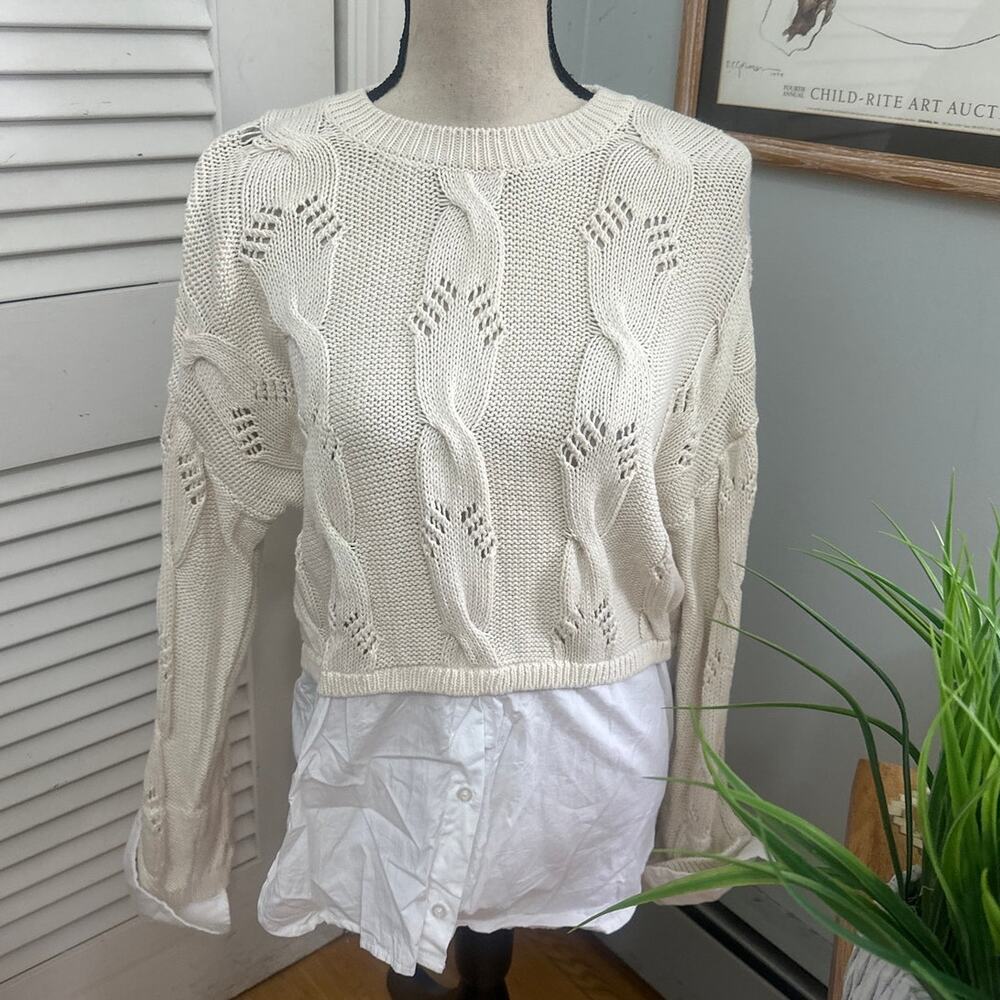 Pilcro Anthropologie Sweater Womens Small Cream Cable Twofer Preppy Minimalist